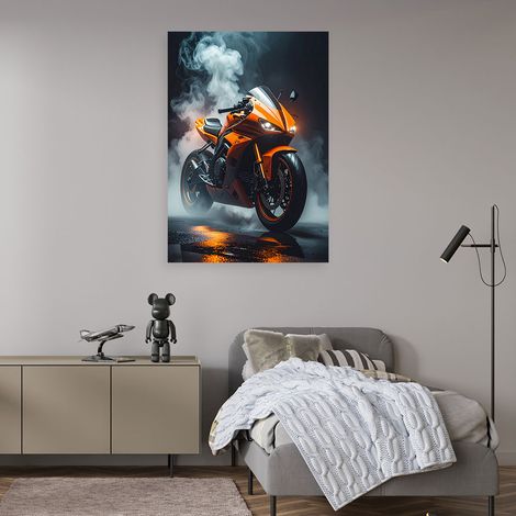Wandbild Orangefarbener Motorradrennfahrer 60x90 (1/4)