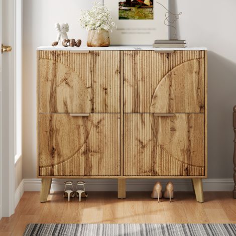 Meuble à Chaussures 105 cm en Bois Massif - 4 Portes avec Plateau Effet Marbre et Relief 3D - Design Élégant (1/5)