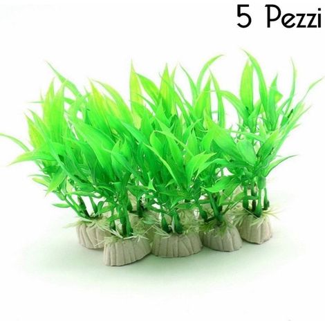 TrAdE Shop Traesio - Set 5 Pianta 12 Cm Piantina Artificiale Per Acquario Piante Finte Plastica Verde - (1/4)