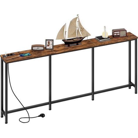 Table de Console de 180 cm, Table d’Entrée avec Station de Charge, Bout de Canapé étroit avec 2 Prises et 2 USB, Style Industriel, pour Salon, entrée, Marron Rustique et Noir DTXG18CBF (1/5)