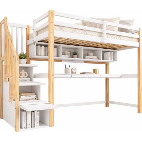 Lit mezzanine enfant 90 x 200 cm avec bureau intégré, escalier de rangement, étagères et couchage blanc bois clair pour chambre gain de place  CHICFURN (1/5)