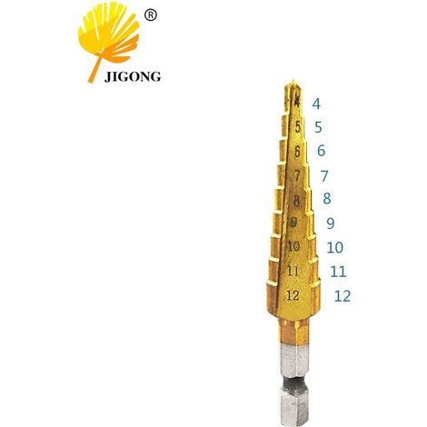 Foret étagé 4-12 mm à tige hexagonale plaquée titane, à goujure droite, pour panneaux plastiques et bois, agrandisseur de trous et chanfreineur.