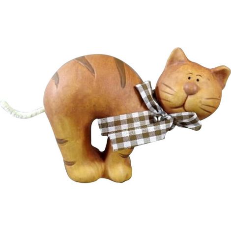 Keramikfigur einer stehenden Katze mit kariertem Band und Glöckchen, braun, 12 x 15 cm (1/4)