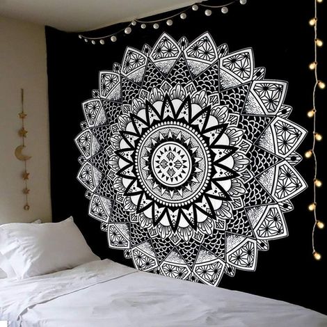 Tapisserie Murale Mandala Hippie Indienne Bohème Tapisserie Noir et Blanc Psychédéliqu Tenture Murale Tapis Mural Serviette de Plage (Fleur, L / 150x200cm) (1/4)