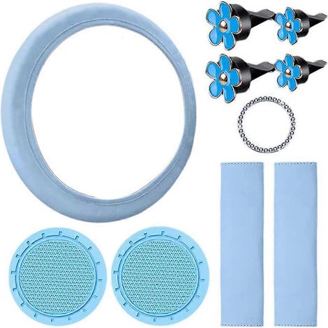 Set mit 10 Lenkradbezügen für Damen, niedliches Autozubehör mit Schulterpolstern für den Sicherheitsgurt und blauen Getränkehaltern (1/5)