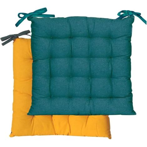 Galette de Chaise carrée Bicolore 40x40cm, Bleu Canard/Moutarde (1/5)