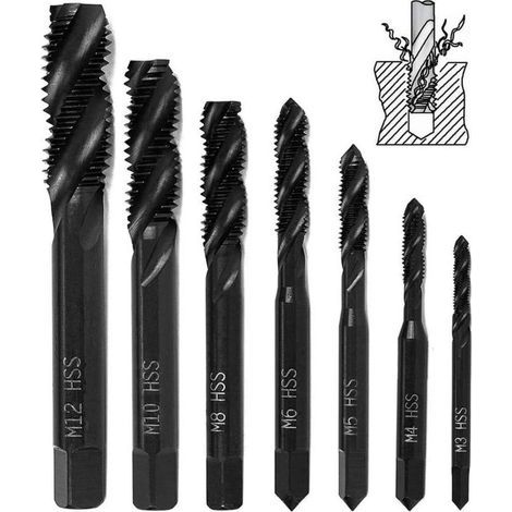 7-Piece Nitride Twist Tap Set, HSS 6542 Tap with Tapered Shank for Metric Machines, Thread Tapping Tool for M3, M4, M5, M6, M8, M10, and M12 Wood Drills (1/4)