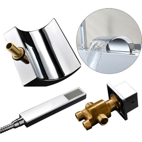5 Loch Badewannenarmatur Set Wasserhahn mit Handbrause Waschbecken Wasserfall Wannenrand Armatur Set Chrome (1/5)