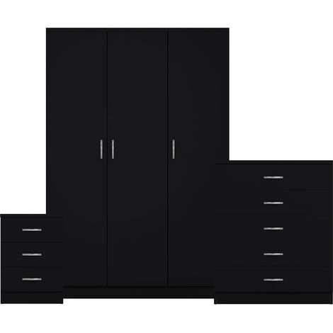 Riano 3 Piece Bedroom Set (3 Drawer Bedside Chest, 5 Drawer Chest, 3 Door Wardrobe), Black (1/3)