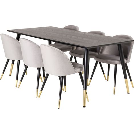 Dipp180x90BLBR Essgruppe Esstisch schwarz und 6 Velvet Esszimmerstühle Velour hellgrau.