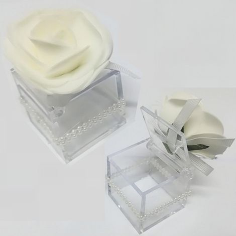Boîte à Bonbons De Mariage Avec Porte-confettis Cube De Perles De Rose Blanche 4,5 Cm (1/3)
