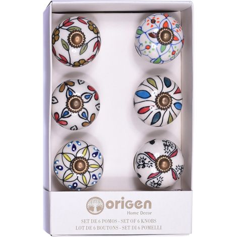 Pomos de cerámica blanca con flores multicolor set de 6 (1/2)