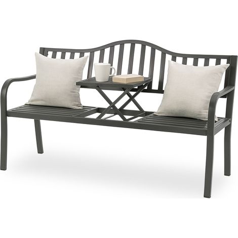 Banco de jardín Relaxdays con mesa plegable, 3 plazas, acero, banco de jardín, medidas: 90 x 150 x 57,5 cm, antracita (1/5)