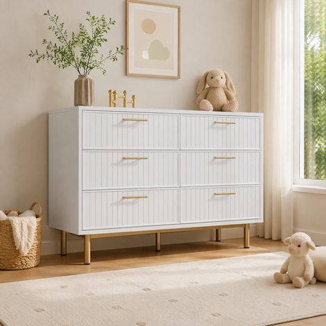 FLORAGRACE Commode 120 x 40 x 75,5 cm en panneau de particules blanc 6 tiroirs, meuble de rangement moderne (1/5)