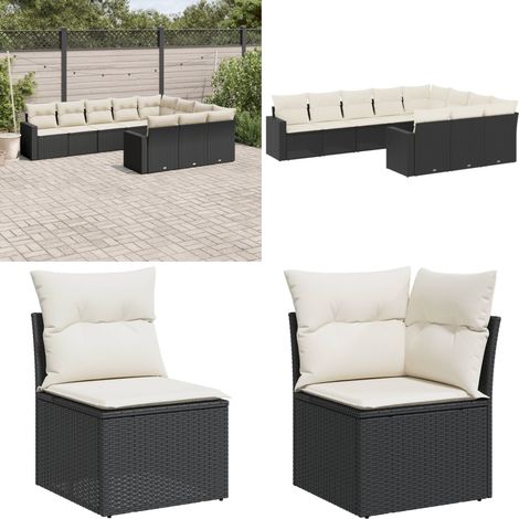Salon de jardin 10 pcs avec coussins noir résine tressée - Salon De Jardin - Meuble De Jardin - Salon Extérieur - Ensemble De Canapés - Résine Tressée - Home & Living (1/5)