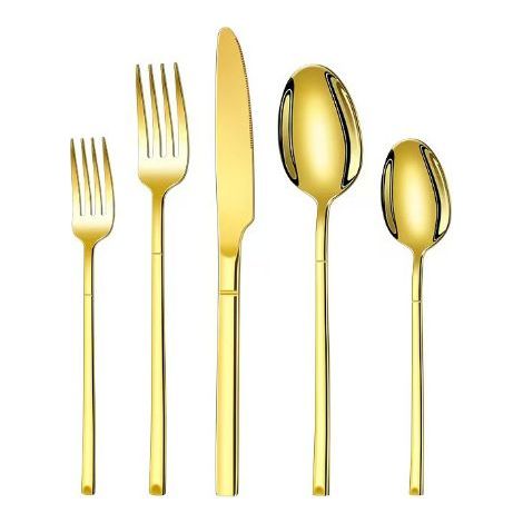 5-teiliges, vergoldetes Besteckset, Messer, Gabel und Löffel, Edelstahl 304 – (1/5)