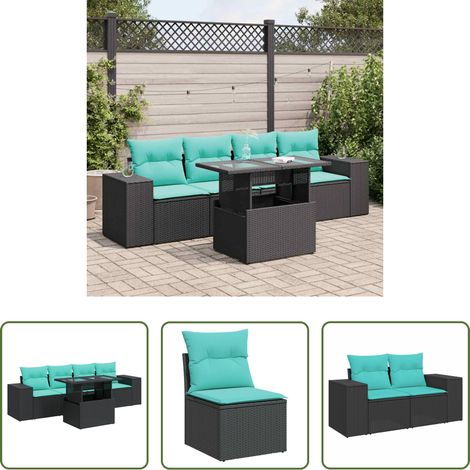 Gartentisch - 5tlg. Garten-Sofagarnitur mit Kissen Schwarz Poly Rattan Akazie (1/5)