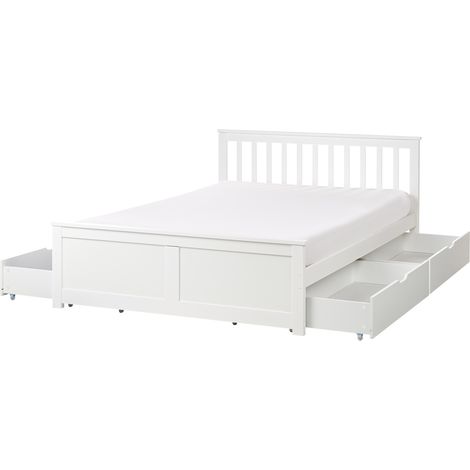 Cama con somier de madera de pino MDF minimalista con almacenaje 4 cajones 140 x 200 cm blanco Olendon (1/5)