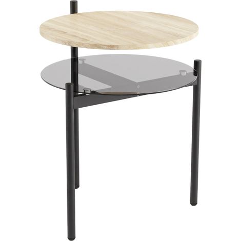 Table d'appoint ronde avec étagère en verre ouverte, idéale pour les petits espaces (salon, chambre), 41,8 x 39,8 x 53,5 cm, chêne. (1/5)
