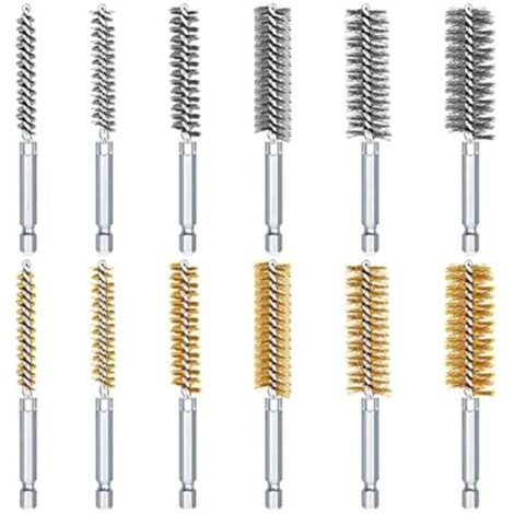 Lot de 12 brosses de nettoyage en acier inoxydable avec manche hexagonal pour trou de tuyau (1/4)