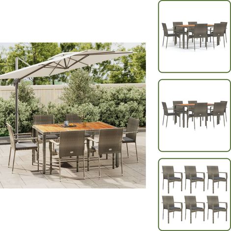7-tlg. Garten-Essgruppe mit Kissen Grau Poly Rattan - Gartenmöbel - Essgruppe - Gartentisch - Gartenstühle - PE-Rattan