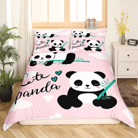 Parure de lit 135 x 200 cm - 1 housse de couette et 1 taie d’oreiller 80 x 80 cm - Motif, bambou, kawaii, thème animaux - Pour enfant, fille, garçon - Rose (1/5)