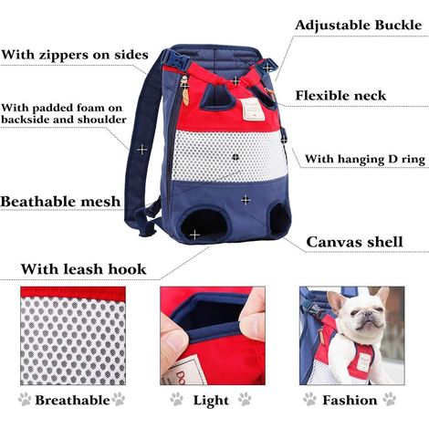 Sac de transport pour animaux de compagnie en une seule pièce, sac à dos pour chiens pour la marche, l'équitation et les motos jusqu'à 10 kg (rouge et bleu) MNS (1/4)