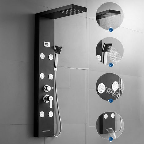 Colonna Doccia Idromassaggio Pannello Doccia in Acciaio Inox,4 Funzioni Sistema Doccia, soffione, idromassaggio, doccia a cascata, doccetta, Nero