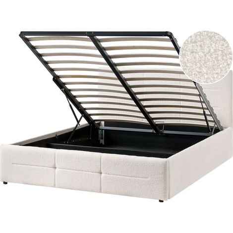 Ottoman Bed Off-White Boucle EU Double Size 4ft6 Lift-Up Storage Headboard Slatted Base Modern Design MASSOGNES (1/5)