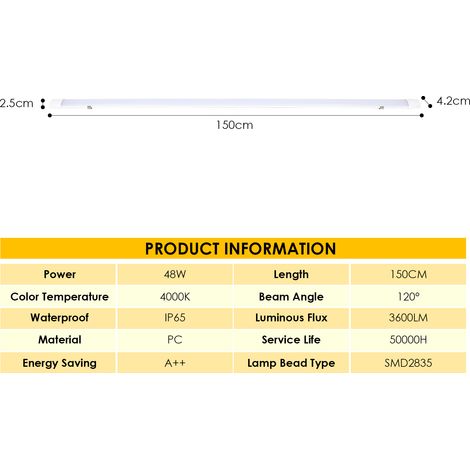 Wolketon LED Feuchtraumleuchte Wasserdichte LED-Lichtleiste 150cm 48W IP65 mit Steckverbindung Farbtemperatur: Neutralweiß 4000K