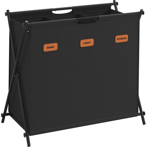 Songmics – Panier à linge 135L – 3 sections – Tissu Oxford 600D – Structure pliable en X – Étiquettes personnalisables – Noir d'encre (1/5)