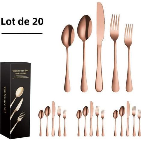 Couverts - Acier Inoxydable - Finition Or Rose - Pour 4 à 6 Personnes - Lot de 20 Pièces (1/4)