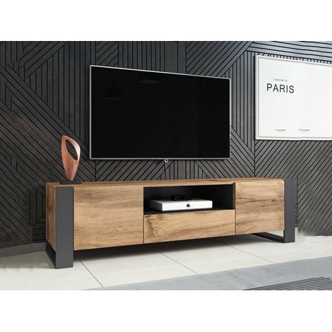 Mobile porta TV Dronero, Madia da salotto con ante battenti, vano aperto e cassetto, Rialzato da terra, 180x44 h48 cm, Rovere Nodi e Antracite (1/4)