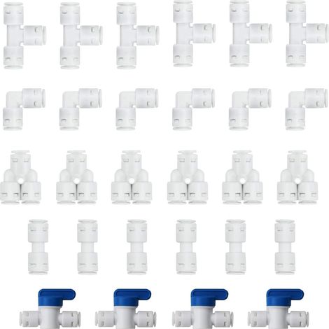 28 Raccords Tuyau Osmose Inverse 1/4 Pouces,Y Type T Type I Type L Type Vanne Arrêt Réfrigérateur Système Filtration