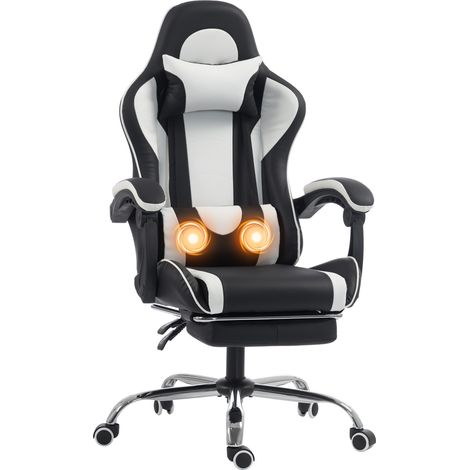 HOMCOM Sedia da Gaming Ergonomica Massaggiante con Cuscino Lombare, Bianco (1/5)