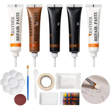 Kit Réparation Cuir et Simili Cuir, Crème et Pâte de Réparation à Base d’Eau, pour Canapé, Siège de Voiture, Sac, Veste et Chaussures, Noir Blanc Noyer (1/5)