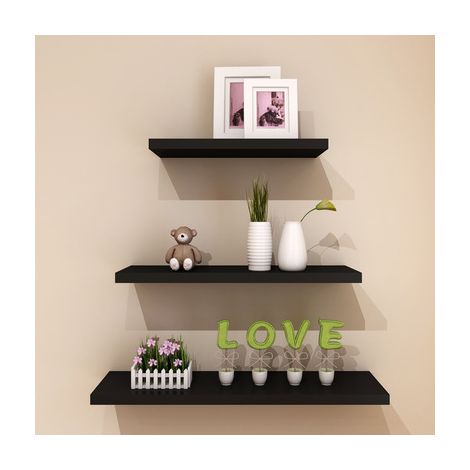 CCYKXA Set of 3, Wooden Wall Shelf (20+30+40cm), Black, Rustic Metal Wire Storage Wall Shelves Maximum Load 20 kg for Living Room Bedroom Office Bathroom or Kitchen