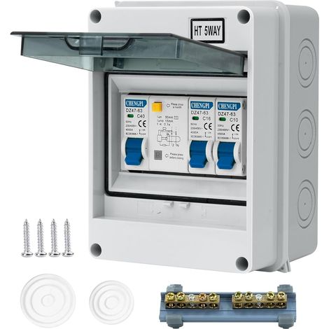 Boîte Coffret Electrique Etanche,Boîtier de Distribution avec Rangée de Cuivre,Disjoncteurs électriques 40A CA,Sectionneur 10A+16A CA pour Maison/Bureau,Montage sur Rail 35mm (1/5)
