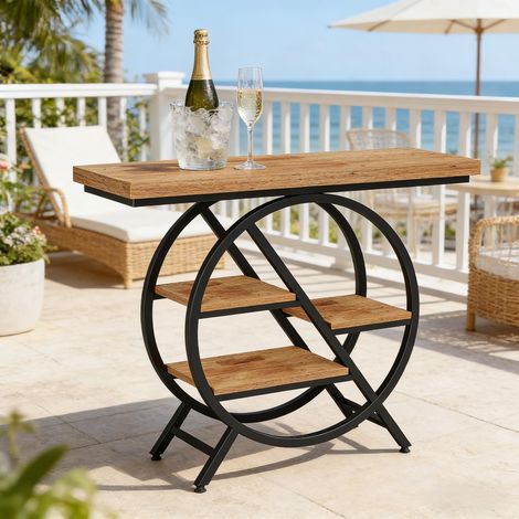 Table console 4 niveaux avec rangement, table d'appoint étroite style industriel, bois brun clair et métal