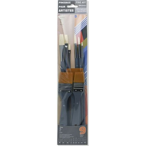 Lot de 9 pinceaux pour peinture à l'huile fibres synthétiques et naturelles