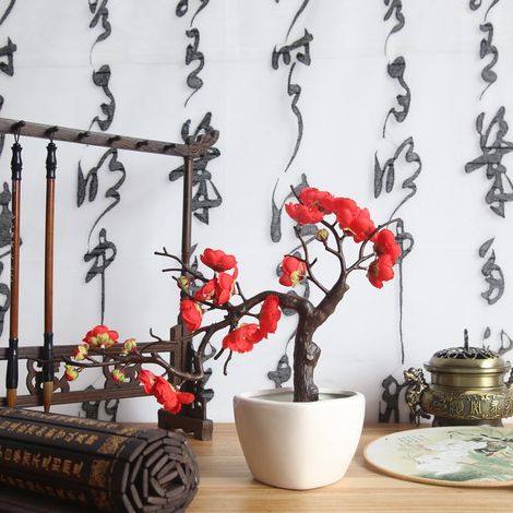 Fleurs Artificielles - Faux Chimonanthus Praecox en Gel de Silice - Tige en Fer Recouvert de Plastique - Rouge - Résistant aux UV - Décoration Intérieure et Extérieure - 1 Pièce (1/5)