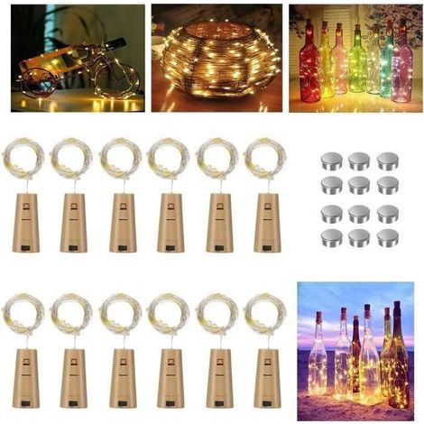 12pcs LED Bouteille Guirlande Lumineuse, 1m 10 LED Bouchon led bouteille Étanche Décoration pour Halloween Noël Mariage Blanc Chaud (1/4)