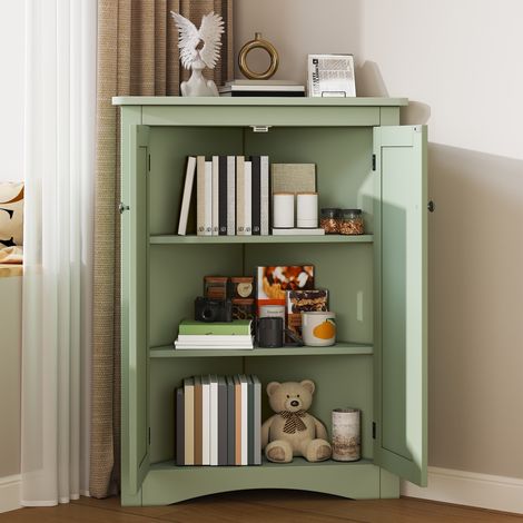 Meuble d'angle pour salle de bain 61,5x90 cm - Armoire triangulaire indépendante à 2 portes avec 3 étagères, MDF, pour salle de bain, cuisine et salon - Vert (1/5)