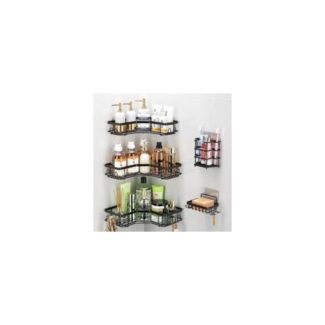 Duschablage, Eck-Badezimmerregal, 3-teilig, kein Bohren erforderlich, Edelstahlregal mit 1 Zahnpastahalter, 8 Haken und 8 Klebestreifen, schwarze Duschablage - Crezuo