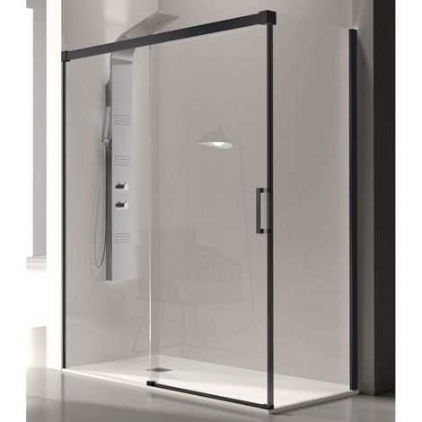 Mampara de ducha frontal + Puerta Corredera 135  cm GLASÉ perfil Negro mate Sin pared lateral
