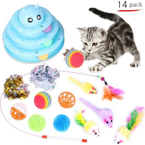 Jouets pour chats, jouets interactifs pour chats, rouleau de piste à trois couches avec trois balles colorées, matériau PP, plus durable, plus fort, bleu ciel (1/5)