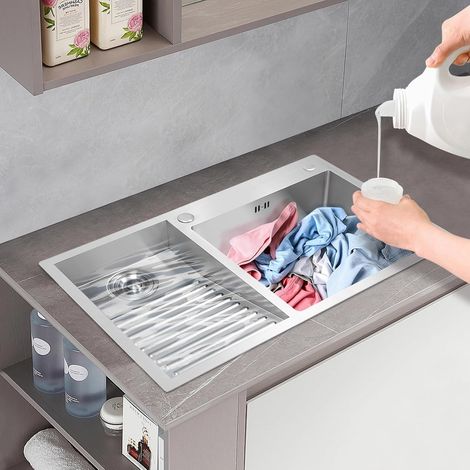 Lavabo à linge, en acier inoxydable, avec tamis d'évier et planche à laver, 80 x 48 cm, encastrable, avec 2 bacs, évier de cuisine, lavabo ménager, pour buanderie, balcon (1/5)