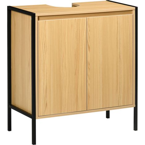 kleankin Meuble sous lavabo de salle de bain armoire sous vasque piètement en métal Double Porte - 60 x 30 x 62,5 cm - Noir et Couleur Bois (1/5)