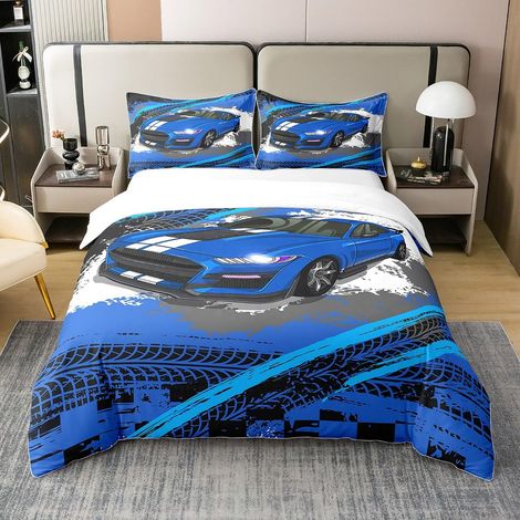Coton Housse de Couette Voiture de Sport Bleue, Parure de Lit 220x240 Voiture de Course Graffiti, Ensembles de Literie Piste de Voitures Grunge, Couvre-Lit Voiture de Course (1/5)
