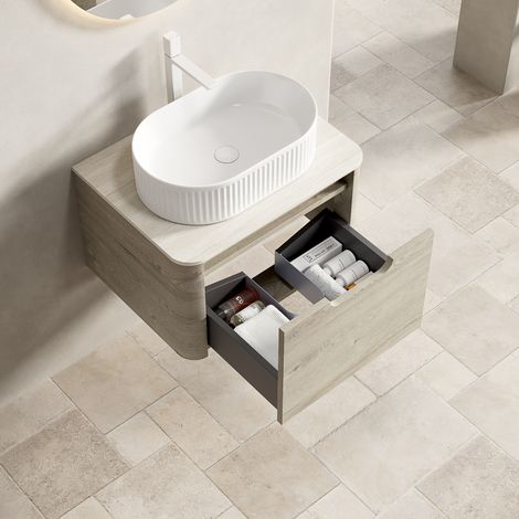 Meuble vasque suspendu 60x46x50,2 cm en céramique beige, tiroir gain de place – MEUBLIV (1/5)